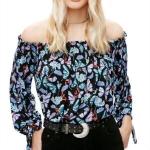 Free People Lexington Off The Shoulder Butterfly Print Tie Sleeve Top Size Small